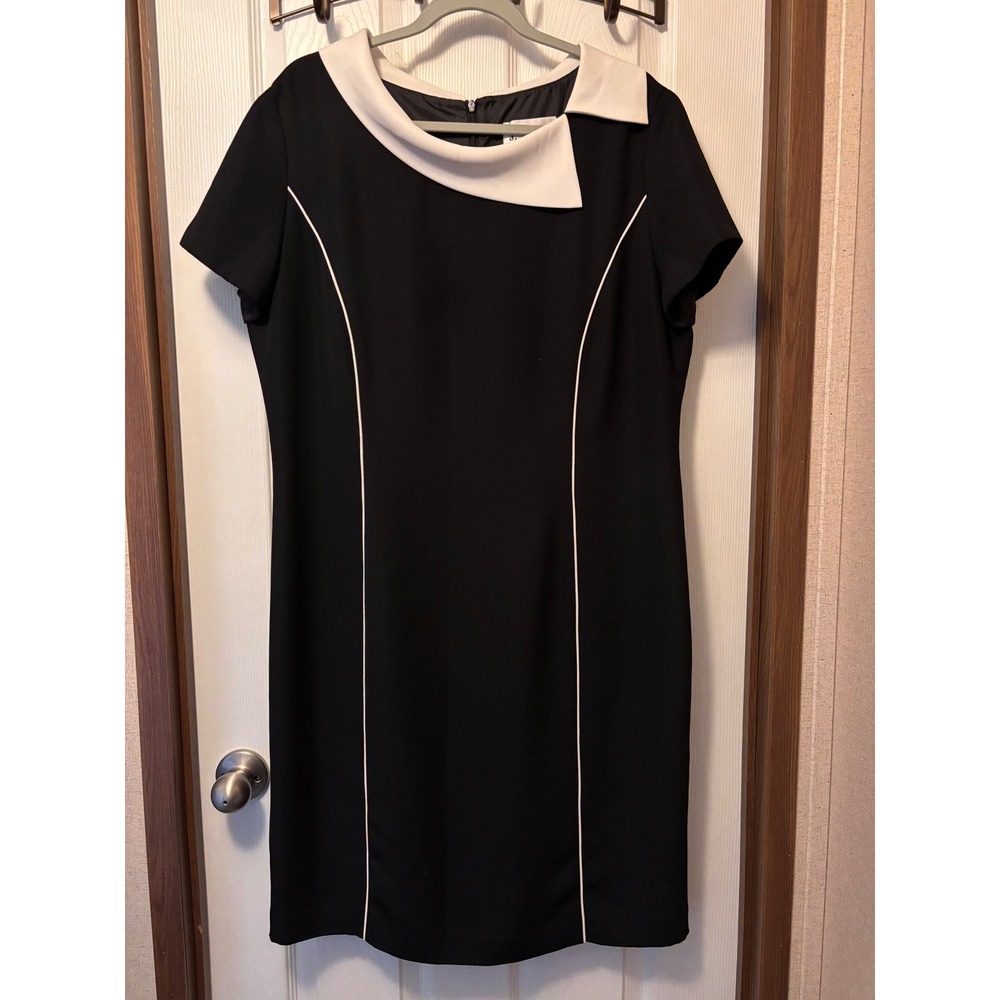 J. Taylor Black White Asymmetrical Collar Sheath Dress Size 18 RN 67473